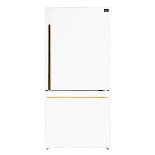 31 in. 17.2 cu. ft. Antique Brass Handles Included Milano Espresso Bottom Freezer Right Swing Door Refrigerator in White, image 1 of 15