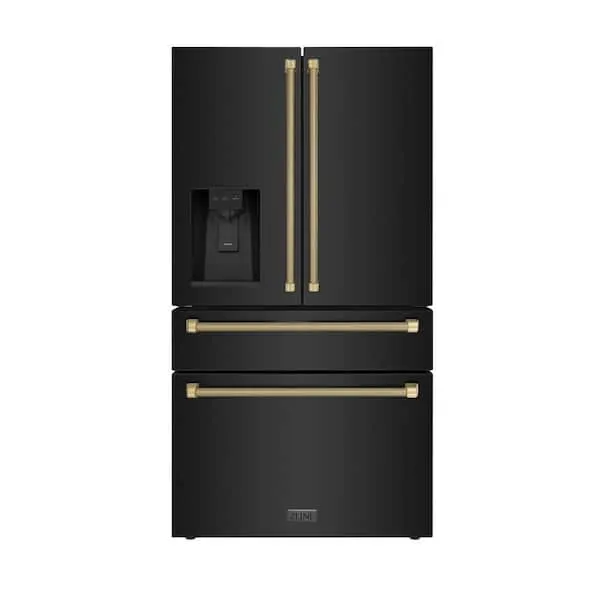 Autograph Edition 36 in. Counter-Depth French Door 22.5 cu ft Refrigerator in Black Steel with Champagne Helix Handles, image 1 of 11