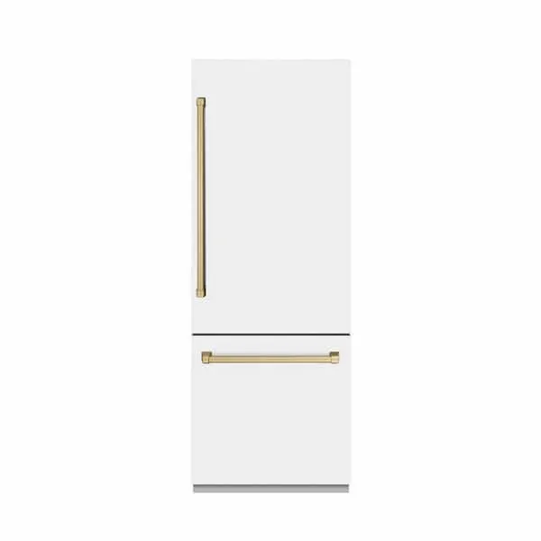 30 in. 16.1 cu. ft. Built-In Bottom Freezer Refrigerator in Matte White with Graphite Gray Interior and Bronze Accents, image 1 of 10
