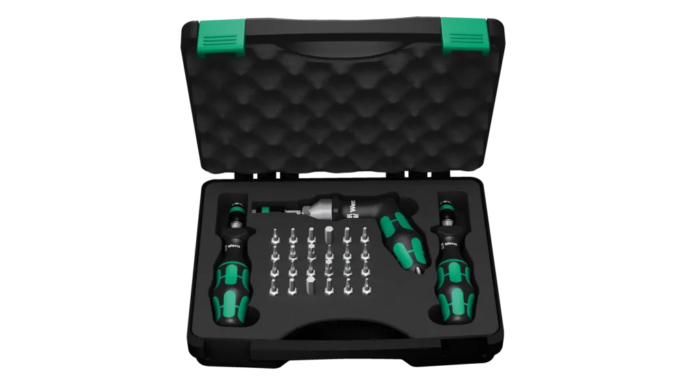 Wera 7440/41/42 Kraftform Torque Screwdriver Set, 0.3-6.0Nm, 3x Torque Screwdrivers and 24x Bits, Plastic Carrying Case, image 1 of 4