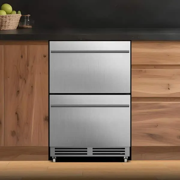 23.5 in. 4.9 cu. ft. 215-Can Built-in and Standard Outdoor Refrigerator in Silver with Dual Swivel Casters and 2-Drawer, image 1 of 9