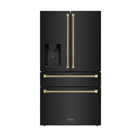 Autograph Edition 36 in. Counter-Depth French Door 22.5 cu ft Refrigerator in Black Steel with Champagne Helix Handles