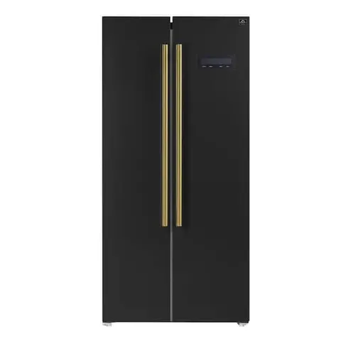 Salerno 15.6 cu. ft., 33 in. freestanding side-by-side black refrigerator with antique brass handles