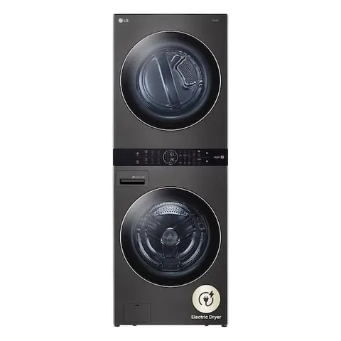 WashTower Stacked SMART Laundry Center 4.5 Cu.Ft. Front Load Washer & 7.4 Cu.Ft. Electric Dryer in Black Steel w/ Steam