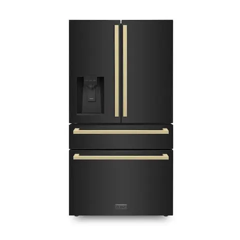 Autograph Edition 36 in. 4-Door French Door Refrigerator with Square Champagne Bronze Handles in Black Stainless Steel